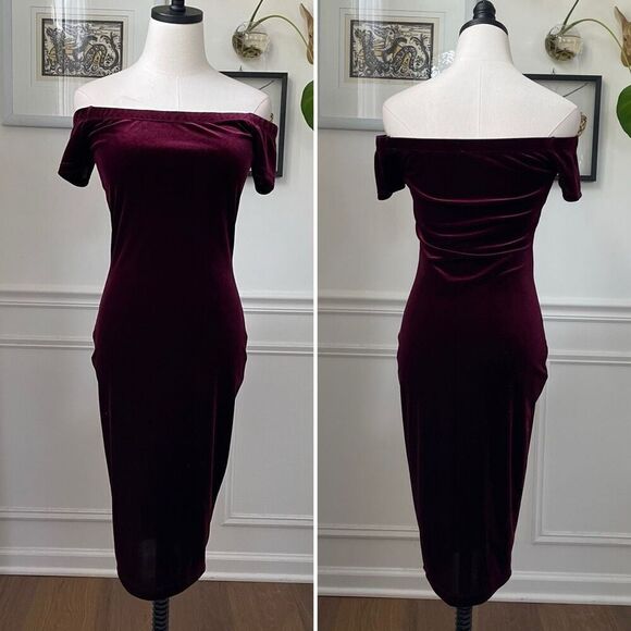 Windsor Lustrous Velvet Dress Deep Red Off Shoulder M - Picture 1 of 8